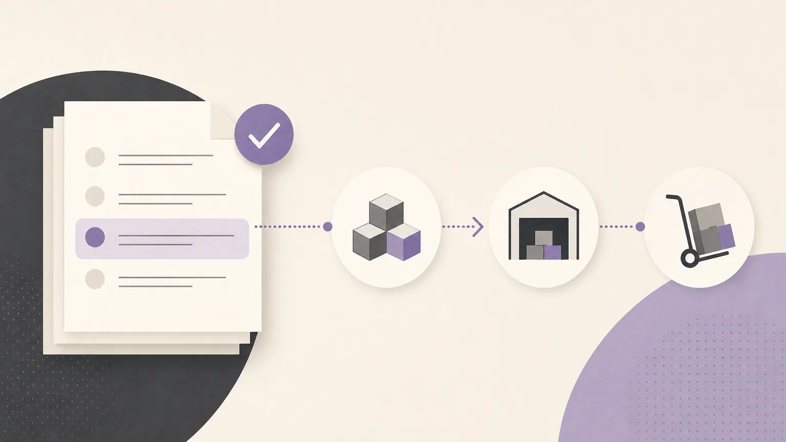 Editorial illustration of reviewing a remaining order line and connecting it to inventory and execution in ivory, charcoal, and muted purple