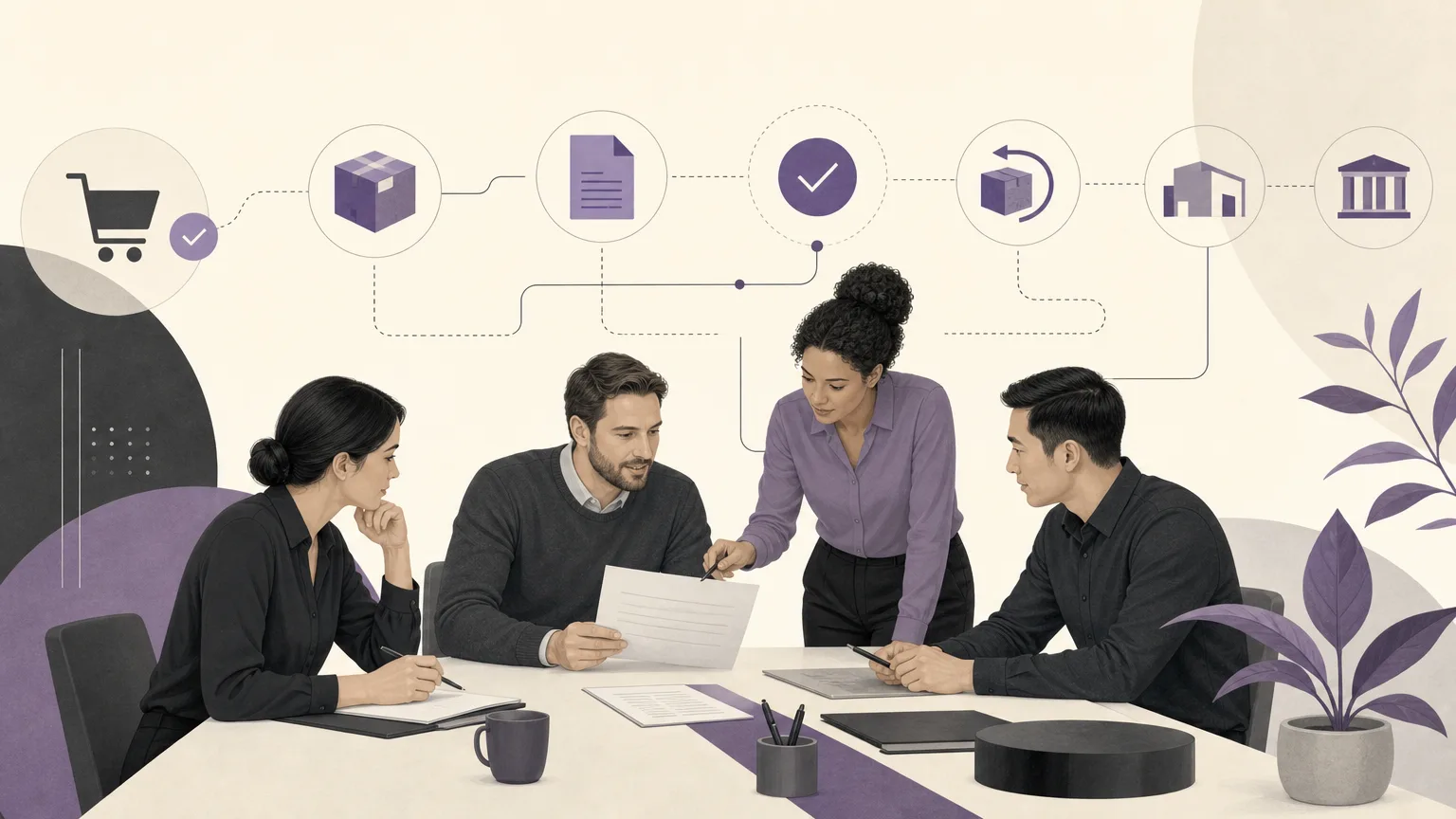 Accounting, sales, and branch teams coordinating to review a credit balance and define the next step