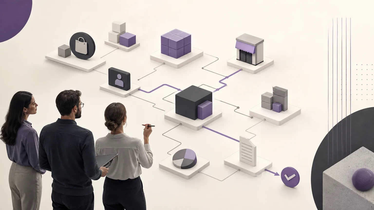 Conceptual illustration of orders, inventory, sales, branches, accounting, and reporting teams coordinating the follow-up of a partially delivered order