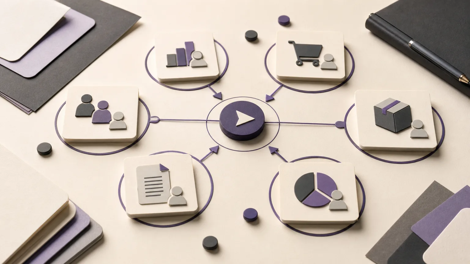 Editorial illustration of sales, orders, inventory, accounting, reporting, and branch workstreams converging on a next-action marker