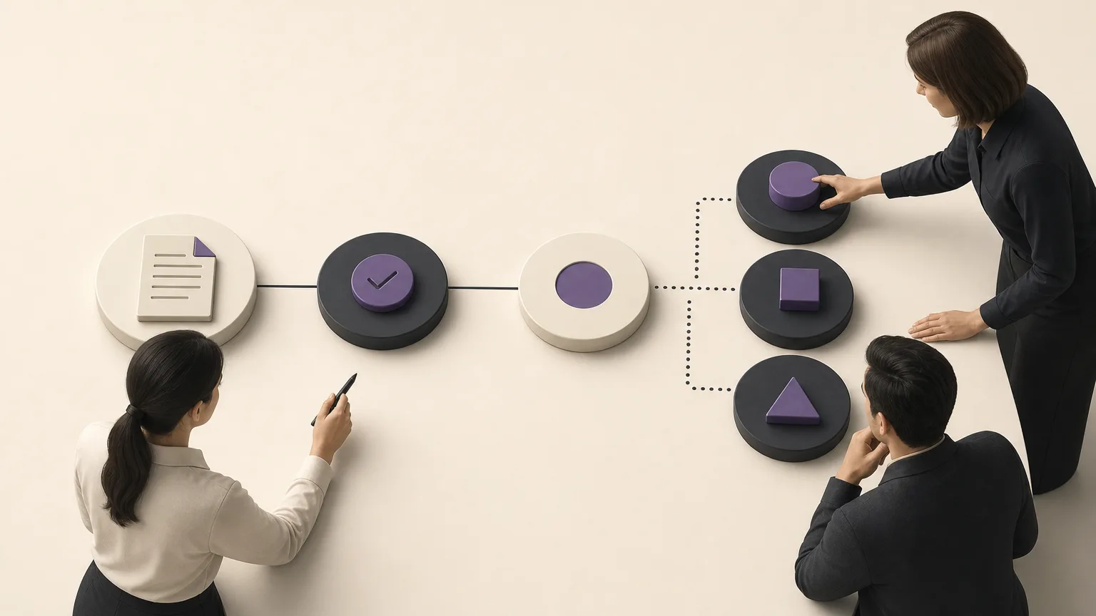 Editorial illustration of a review flow linking a customer invoice to a collection, an open balance, and possible matching, clarification, or accounting completion steps.