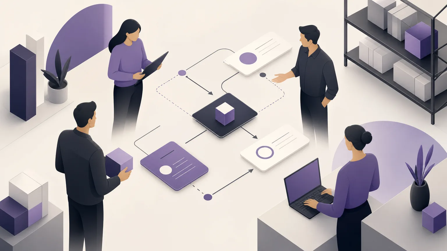 Editorial illustration of an operations team coordinating order and inventory information through review and follow-up