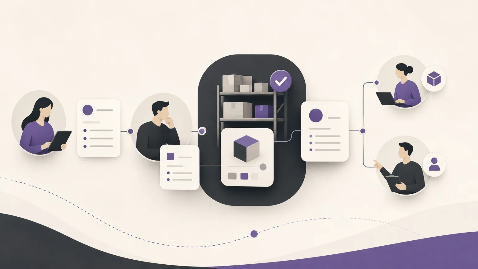 Editorial illustration of an order review workflow from sales to inventory availability and next-step ownership, without text or interfaces