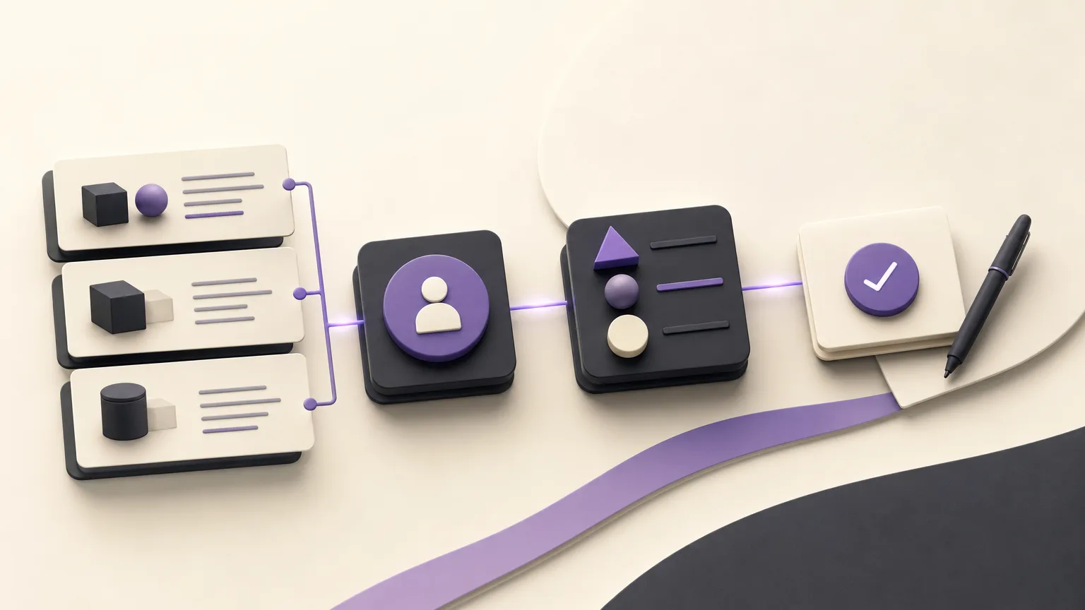 Abstract visual sequence showing the move from customer order history to prioritized follow-up and a documented next action
