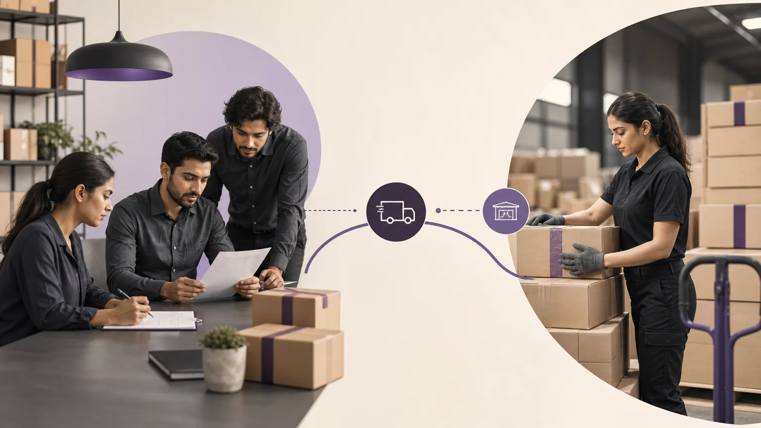 Inventory staff reviewing a transfer record while a receiving branch confirms delivered boxes, in a clean ivory, charcoal, and muted purple operations setting.