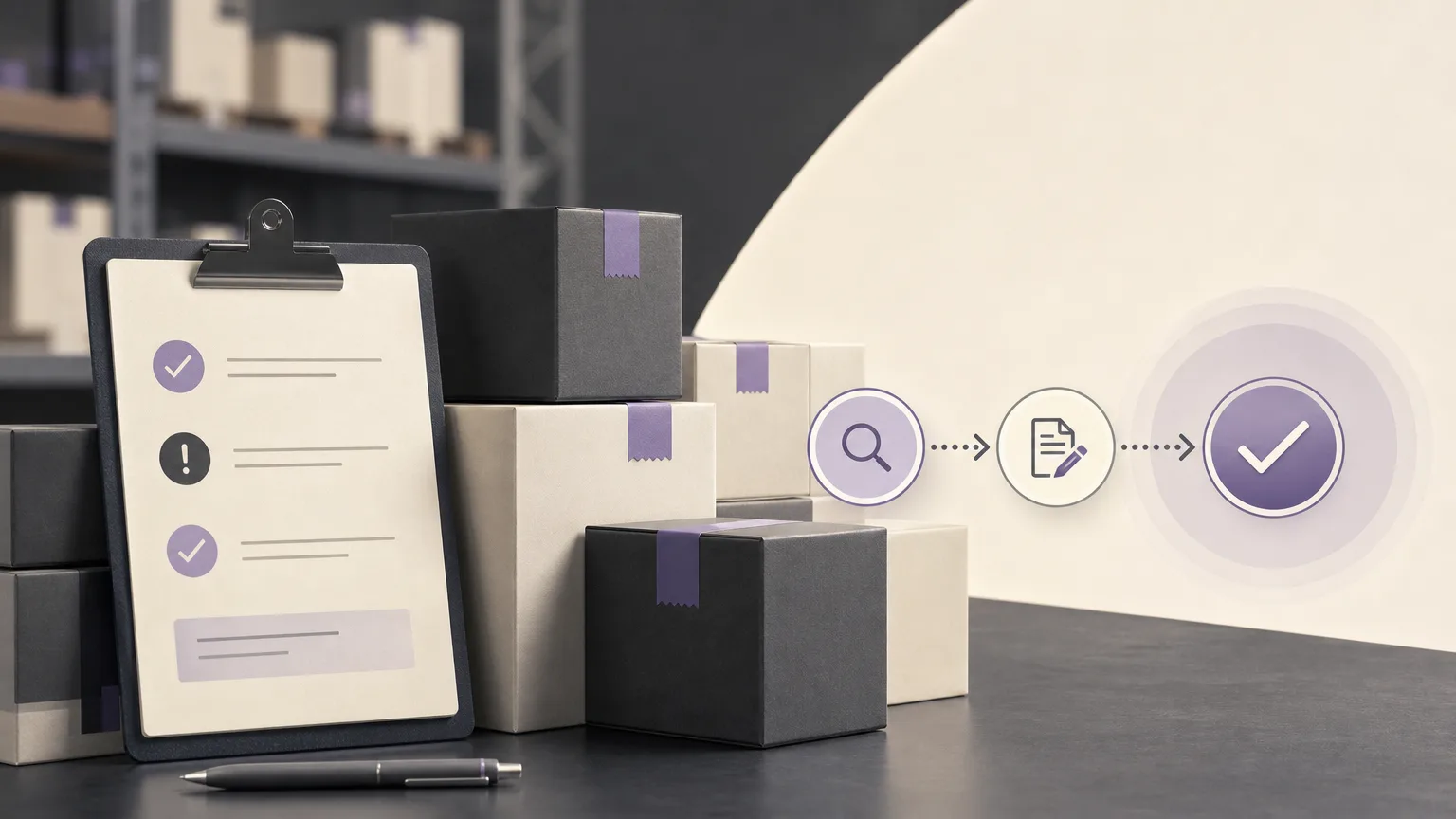 Editorial illustration of an inventory variance review moving from documented findings to an approved correction, using ivory, charcoal, and muted purple tones