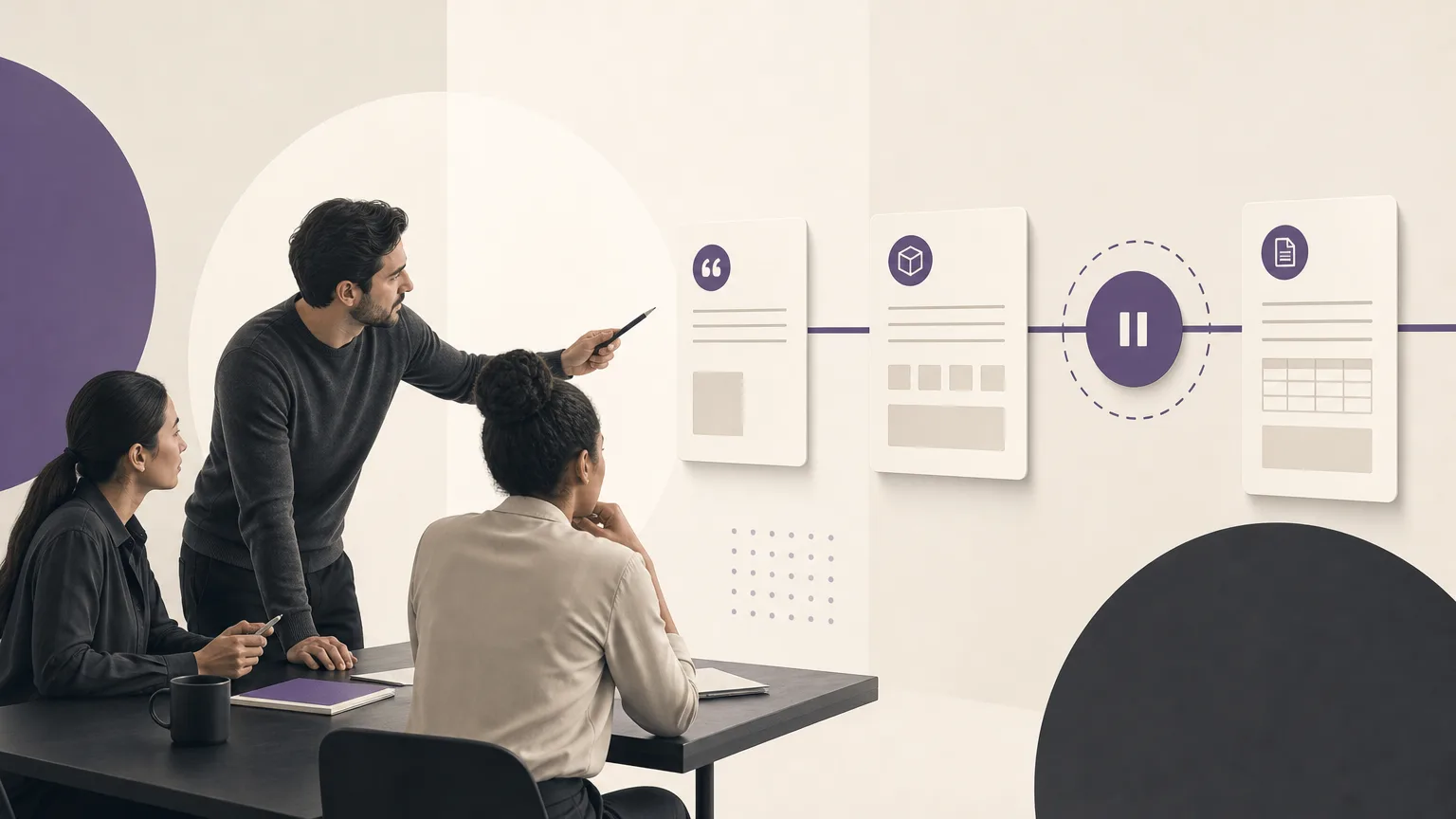 Operations team reviewing connected sales stages and identifying a pause between quote, order, and invoice