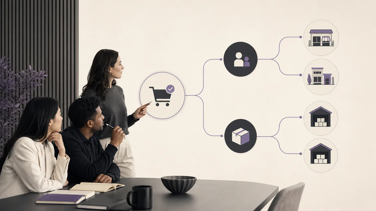 Editorial illustration of a team reviewing two order follow-up paths: sales execution and inventory availability across branches