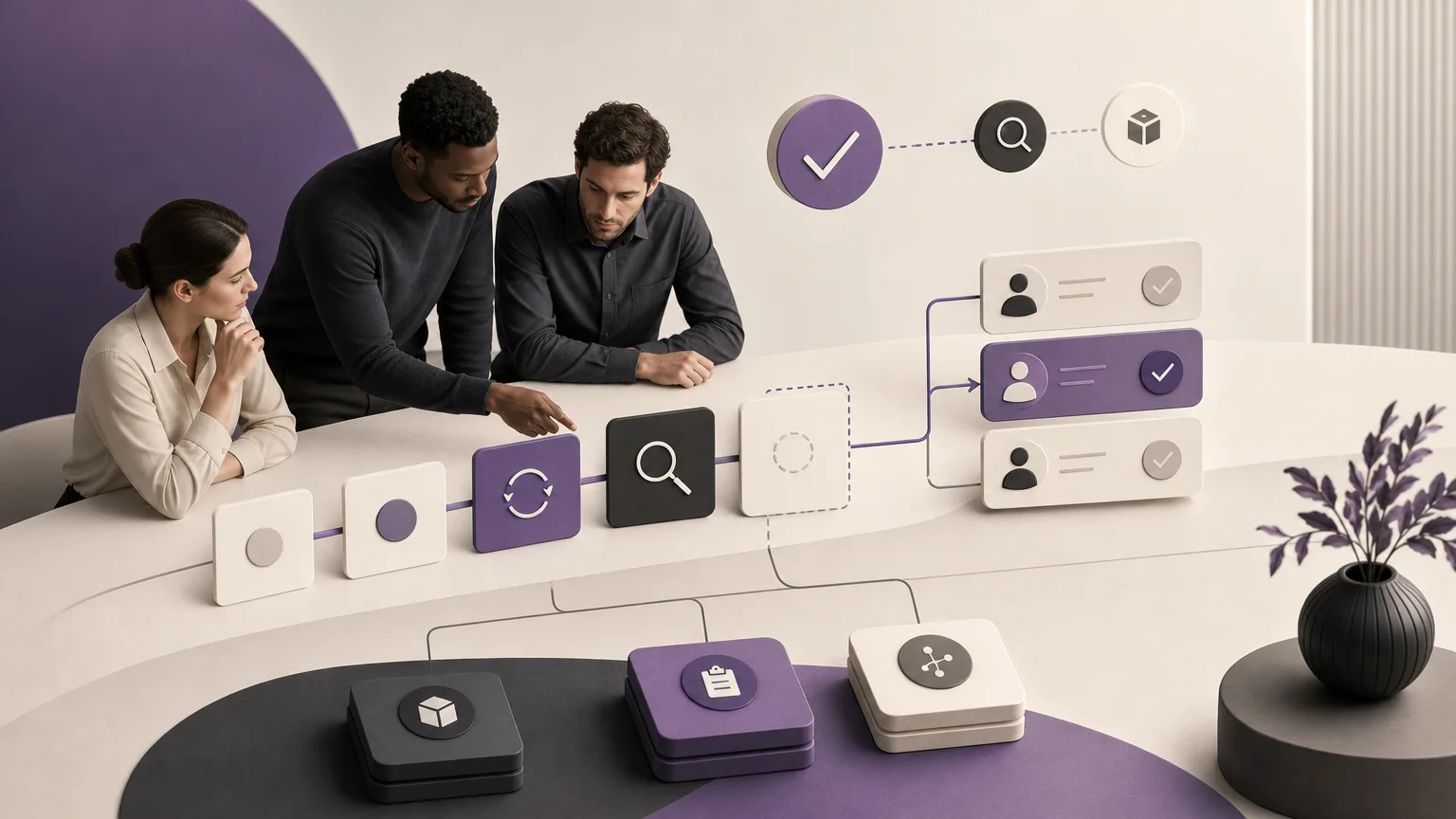 Conceptual illustration of reviewing a return status and assigning its next action owner