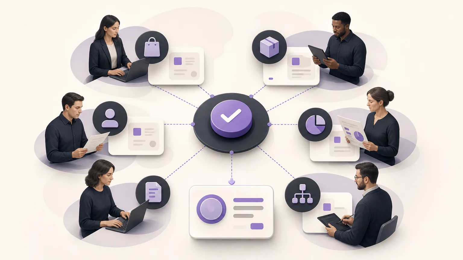 Editorial illustration of sales, orders, inventory, accounting, reporting, and branches aligned around one clear follow-up step