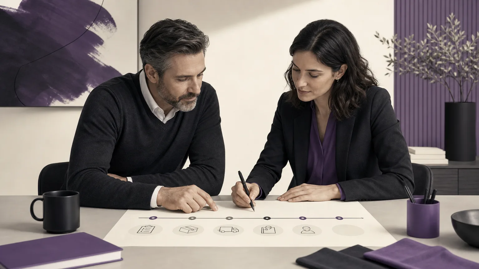 Manager and sales representative documenting the next follow-up step after reviewing orders