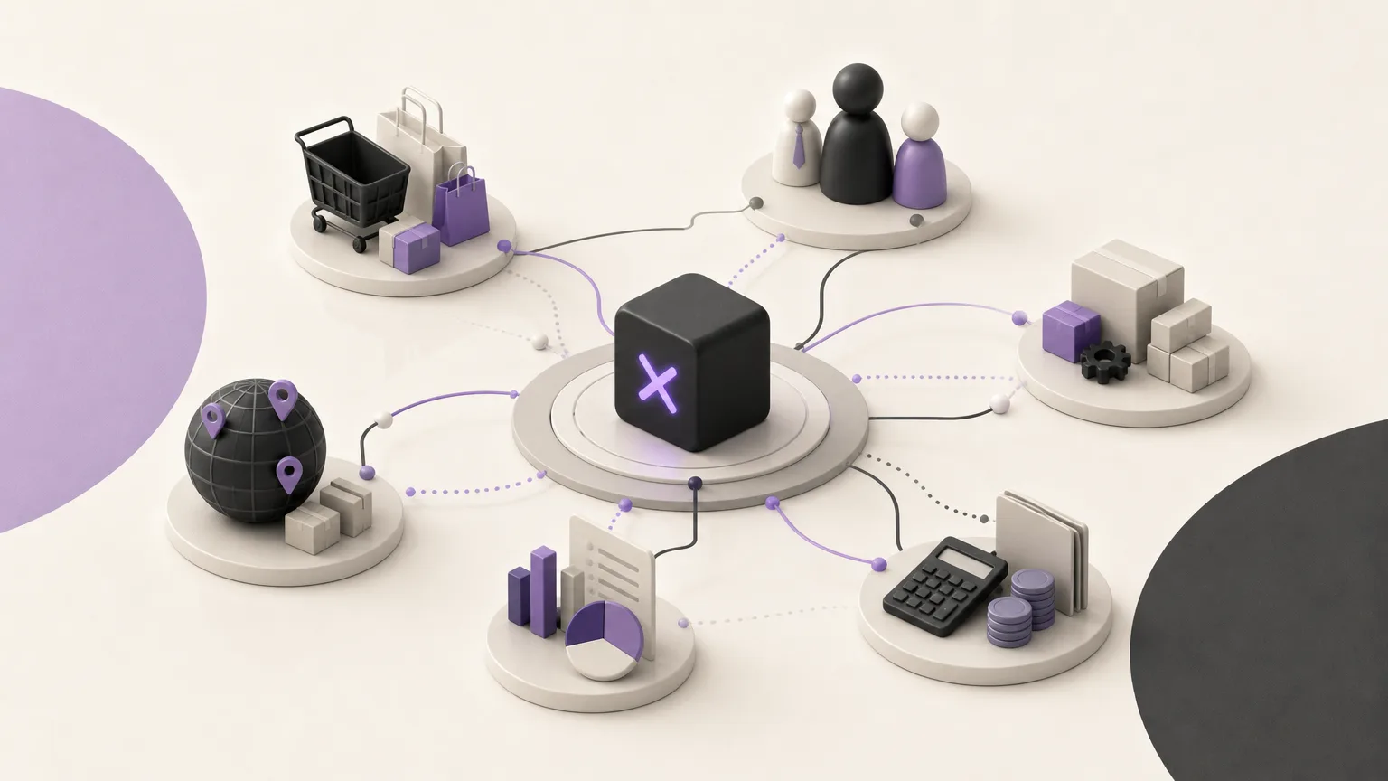 Editorial illustration connecting canceled-order review across sales, inventory, accounting, reporting, and branch teams