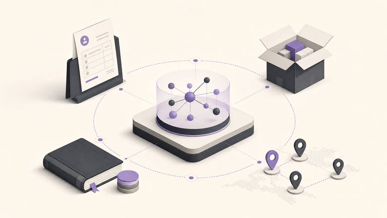 Editorial illustration of a shared operations review connecting orders, inventory, accounting, and branches through one common data view
