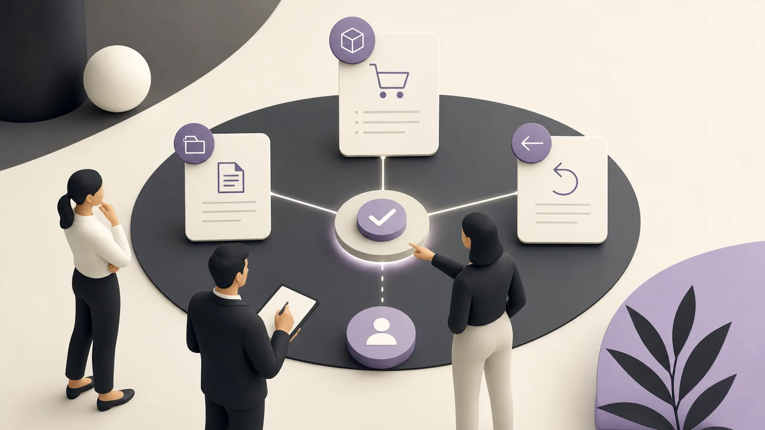 Minimal illustration of a team reviewing orders, invoices, and returns and assigning a clear next follow-up action, without text or interfaces.