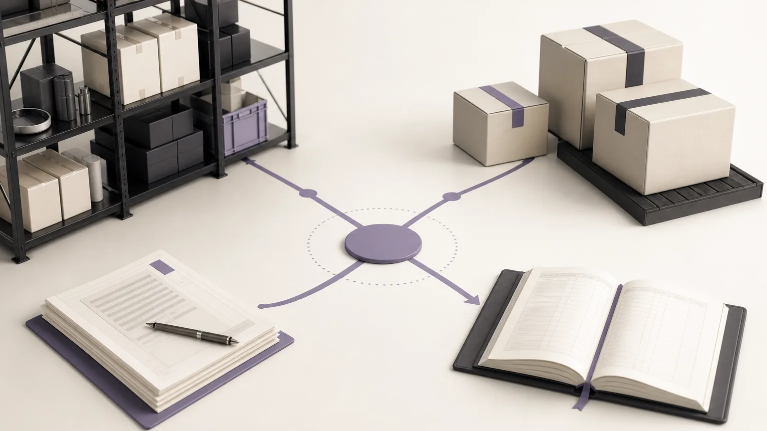 Editorial illustration connecting inventory balance, orders, and branches to a documented operational decision
